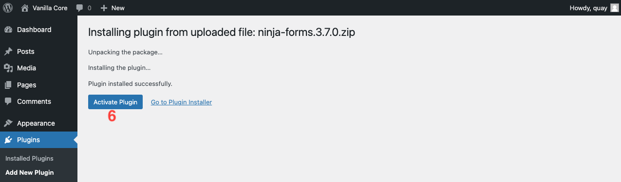 image of the plugin activation screen that opens after installing a new plugin, with the Activate Plugin button highlighted